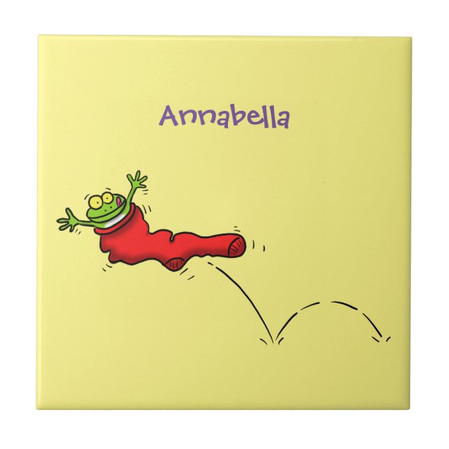 Cute frog in a red sock jumping cartoon tile (Front)