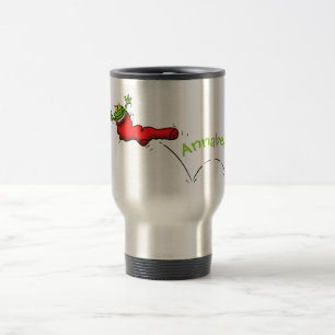 Cute frog in a red sock jumping cartoon travel mug