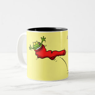 Cute frog in a red sock jumping cartoon Two-Tone coffee mug