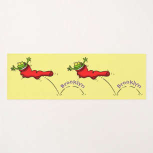 Cute frog in a red sock jumping cartoon yoga mat