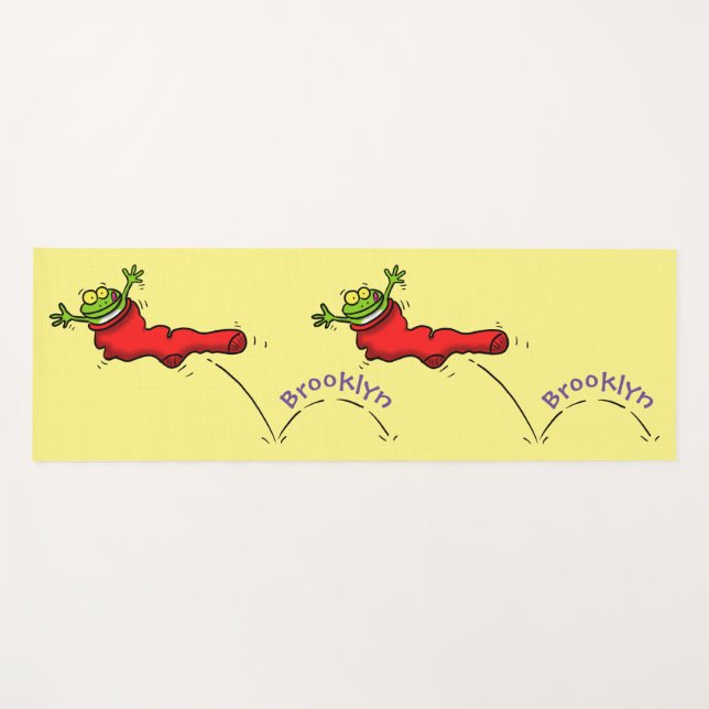 Cute frog in a red sock jumping cartoon yoga mat (Front (Horizontal))