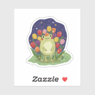 Cute Frog in a Tulip Garden at Night Illustration