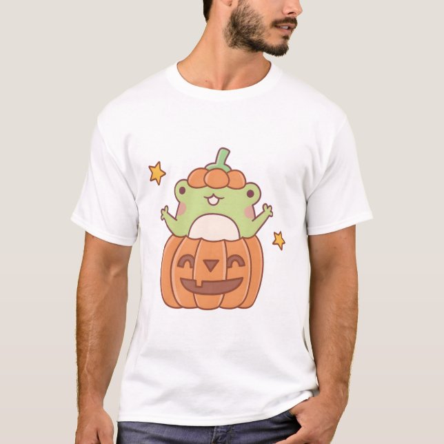 Cute Frog In Carved Pumpkin Halloween T-Shirt (Front)