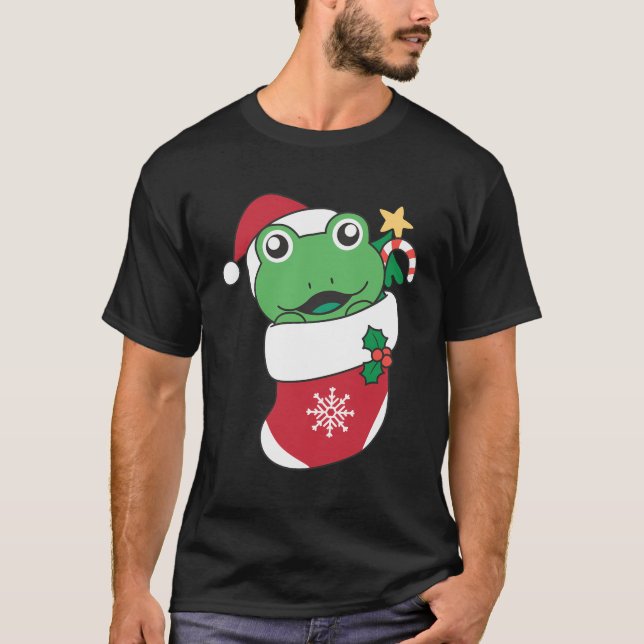Cute Frog In Christmas Sock For Christmas Frog T-Shirt (Front)