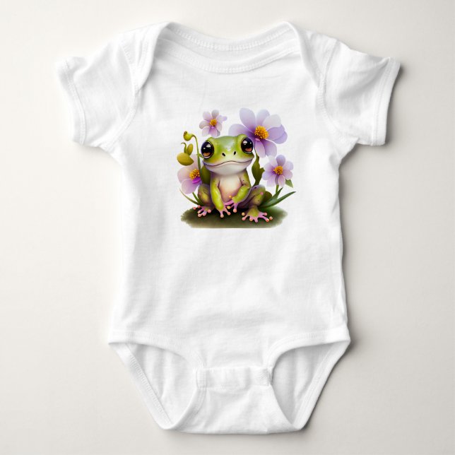 Cute Frog in Flowers Baby Bodysuit (Front)