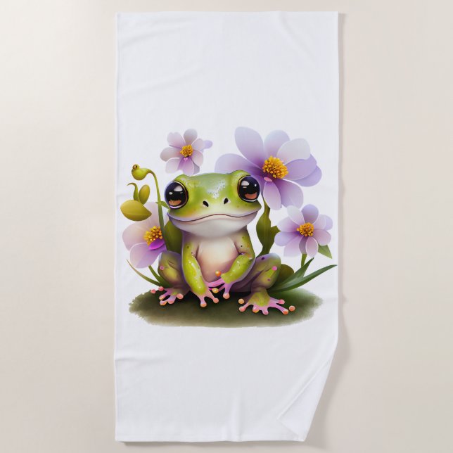 Cute Frog in Flowers Beach, Pool Beach Towel (Front)