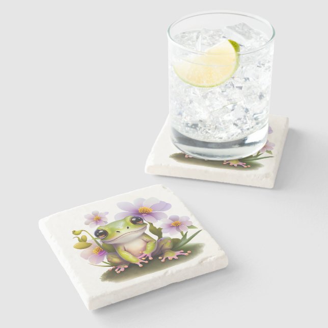 Cute Frog in Flowers Stone Coaster (Side)