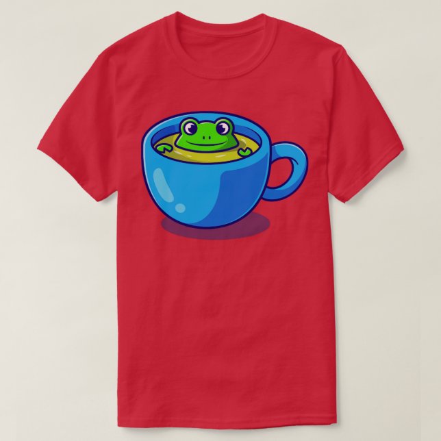 Cute Frog In Green Tea Cup Cartoon T-Shirt (Design Front)