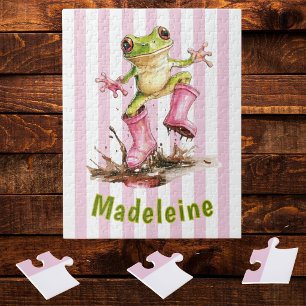 Cute Frog in Pink Rain Boots Monogram Jigsaw Puzzle