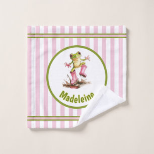 Cute Frog in Pink Rain Boots Monogram Striped Bath Towel Set