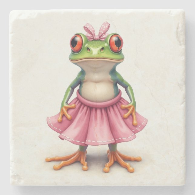 Cute Frog in Pink Stone Coaster (Front)