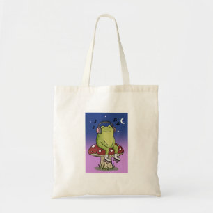 Cute Frog Listening Music On Mushroom Illustration Tote Bag