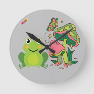 cute frog, mushrooms and butterfly round clock