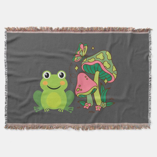 cute frog, mushrooms and butterfly throw blanket (Front)