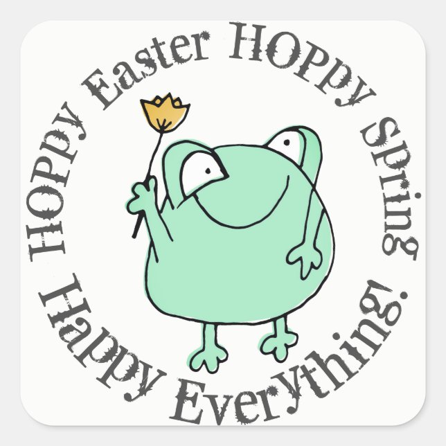 Cute frog offering a yellow tulip Hoppy Easter Square Sticker (Front)
