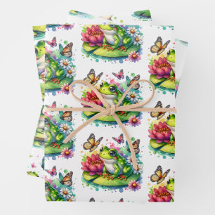 Cute Frog on a Lily Pad and Flowers Birthday Wrapping Paper Sheet