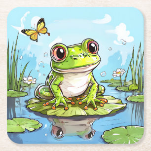 Cute Frog on a Lily Pad Cute Personalised Square Paper Coaster