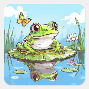 Cute Frog on a Lily Pad Cute   Square Sticker