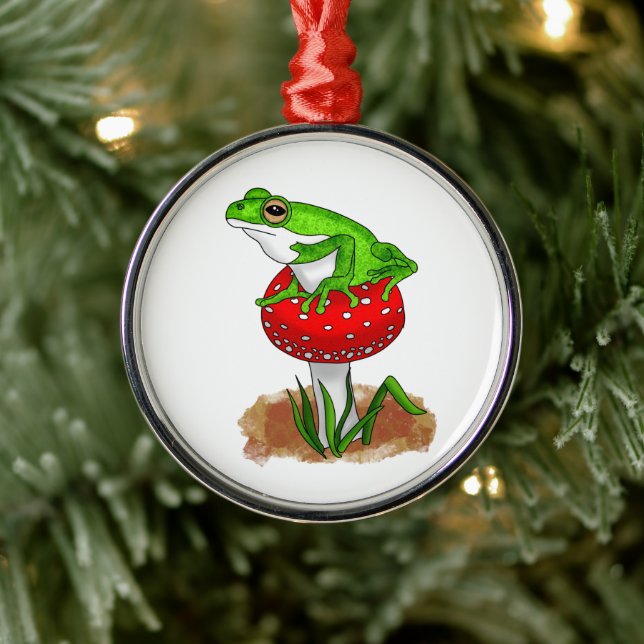 Cute Frog on a Mushroom Christmas Metal Tree Decoration (Tree)