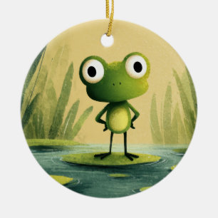 Cute Frog on Lily Pad – Whimsical Cartoon Art Ceramic Tree Decoration