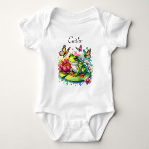 Cute Frog on Lily Pad with Flowers and Butterflies Baby Bodysuit