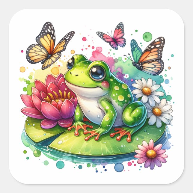 Cute Frog on Lily Pad with Flowers and Butterflies Square Sticker (Front)