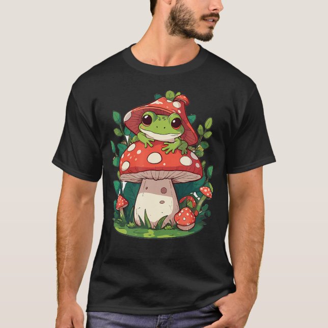 Cute Frog On Mushroom Cartoon Aesthetic T-Shirt (Front)