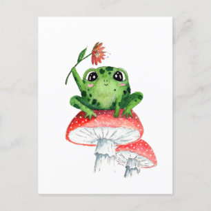 Cute Frog on Mushroom Original Watercolor painting Postcard