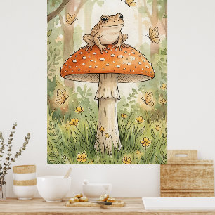 Cute Frog on Mushroom Woodland Cottagecore Poster