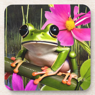 Cute Frog on Pink Flower Branch Coaster