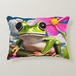 Cute Frog on Pink Flower Branch with Clouds Decorative Cushion
