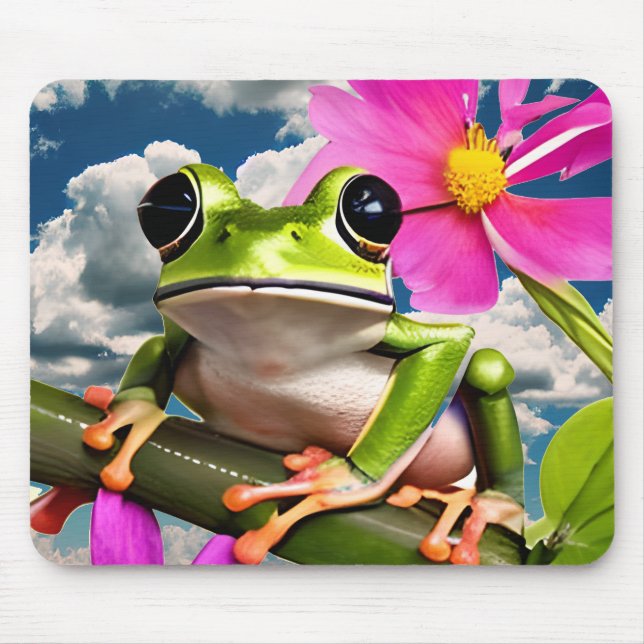 Cute Frog on Pink Flower Branch with Clouds Mouse Mat (Front)