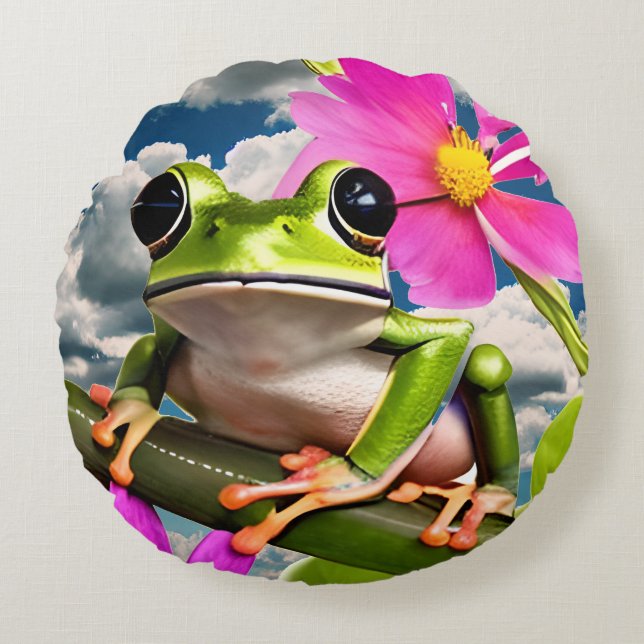 Cute Frog on Pink Flower Branch with Clouds Round Cushion (Front)