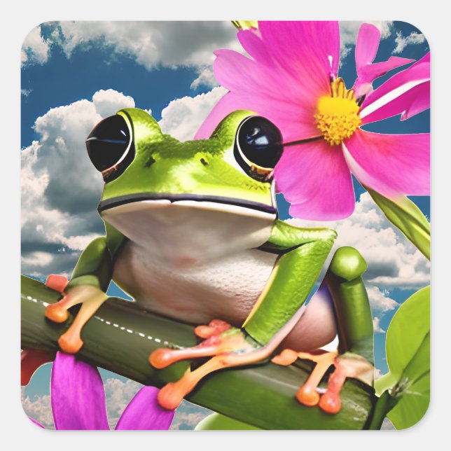Cute Frog on Pink Flower Branch with Clouds Square Sticker (Front)