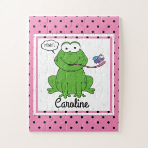 Cute Frog on Polka Dots, Personalised Kids Jigsaw Puzzle