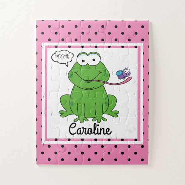 Cute Frog on Polka Dots, Personalised Kids Jigsaw Puzzle (Vertical)
