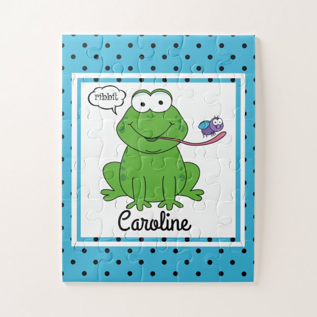 Cute Frog on Polka Dots, Personalised Kids Jigsaw Puzzle (Vertical)