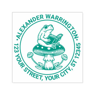 Cute Frog on Toadstool Reading Name Return Address Self-inking Stamp