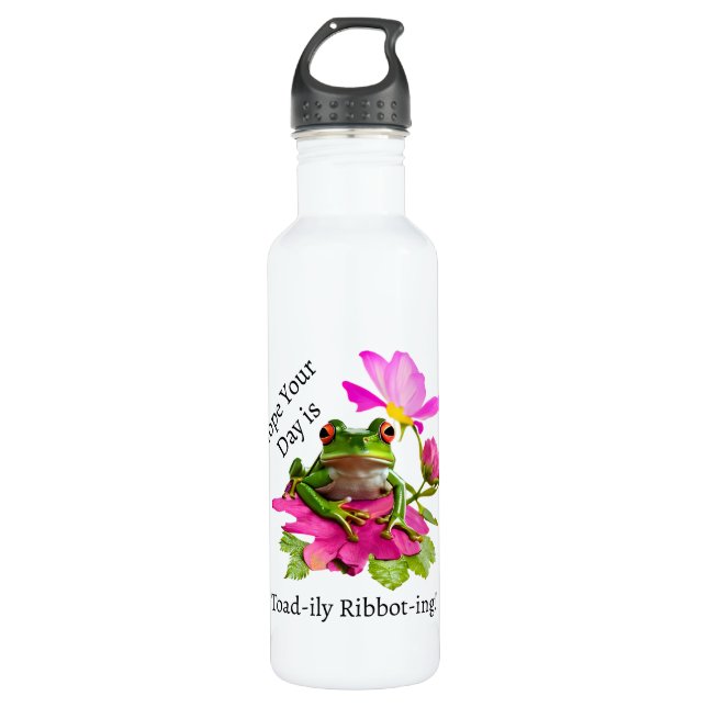  Cute Frog or Toad Pun on Pink Flowers 710 Ml Water Bottle (Front)