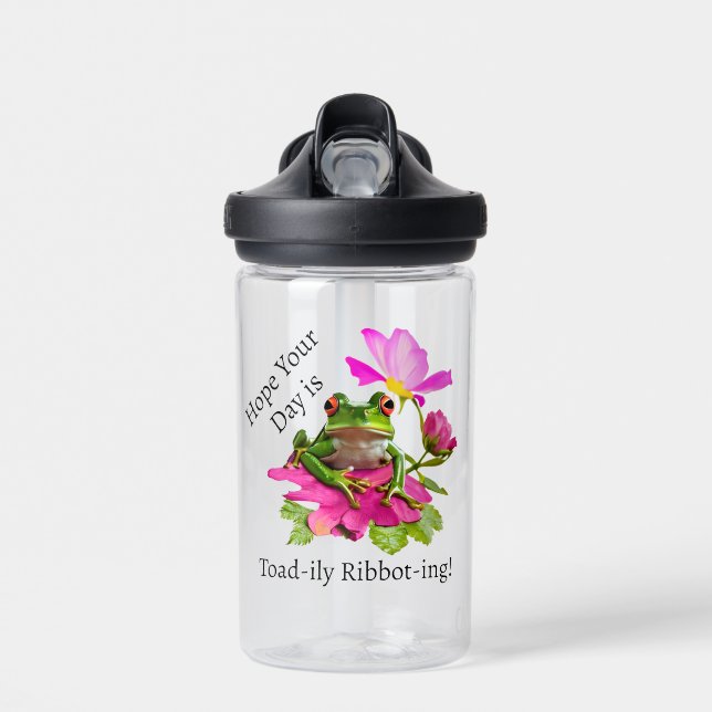  Cute Frog or Toad Pun on Pink Flowers Water Bottle (Front)