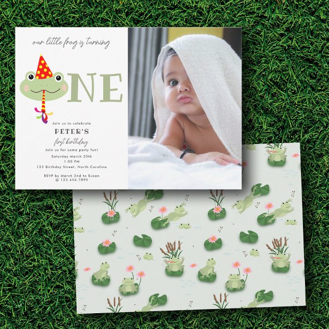Cute Frog Party Hat Kids First 1st Birthday Photo Invitation (Cute Frog Party Hat Kids First 1st Birthday Photo Invitation)