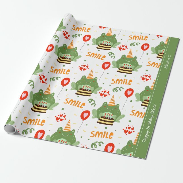 Cute Frog Pattern with Smile Text Happy Birthday Wrapping Paper (Unrolled)