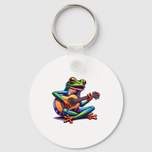 Cute Frog Playing A Guitar Dont Worry Be Hoppy _1  Key Ring (Front)