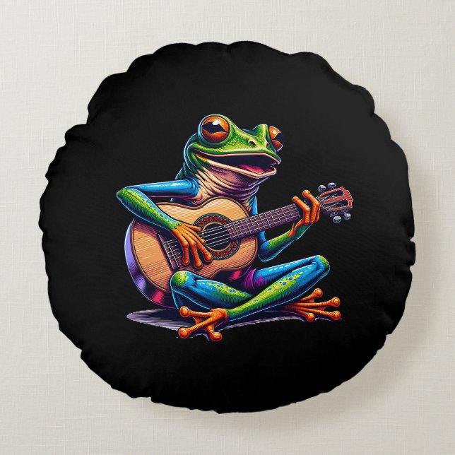 Cute Frog Playing a Guitar  Round Cushion (Front)