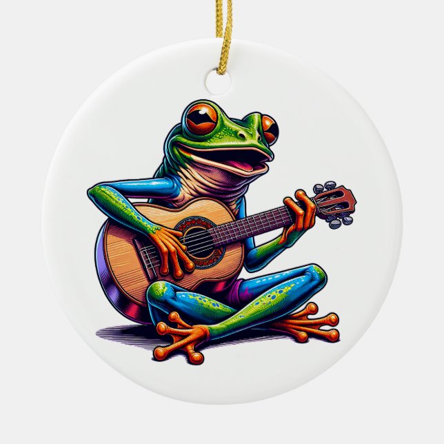 Cute Frog Playing a Guitar | Toad Pun Christmas Ceramic Tree Decoration (Front)