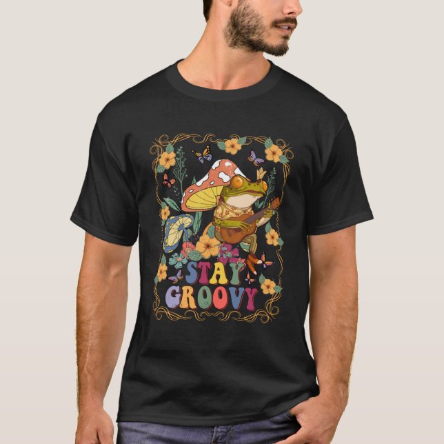 Cute Frog Playing Banjo on Mushroom Hippie Stay Gr T-Shirt (Front)