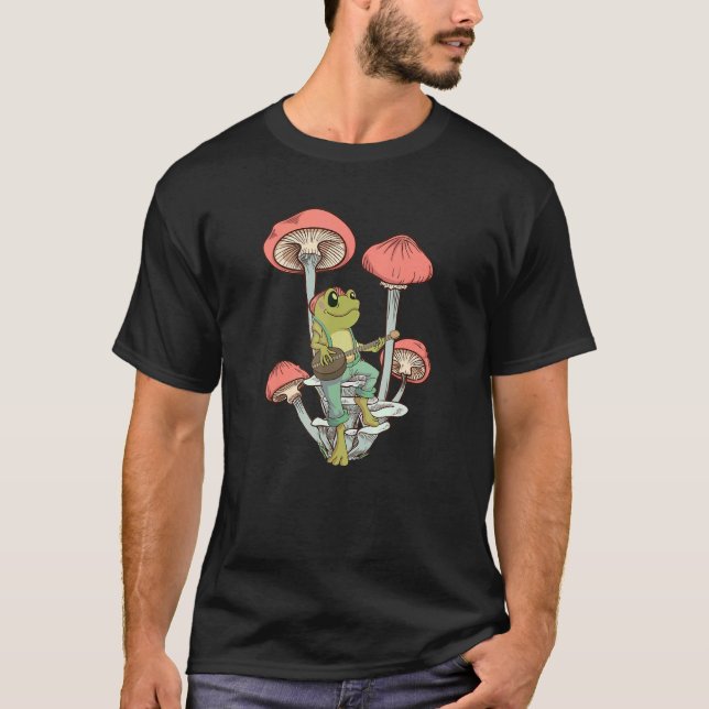 Cute Frog Playing Banjo On Mushroom T-Shirt (Front)