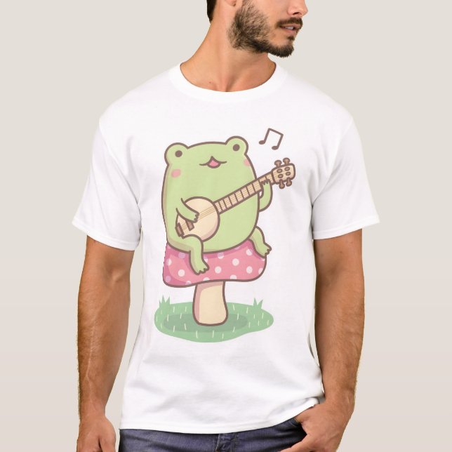 Cute Frog Playing Banjo On Toadstool  T-Shirt (Front)