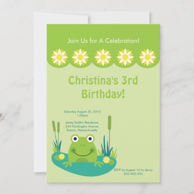 Cute Frog Pond Birthday Party Invitation (Front)