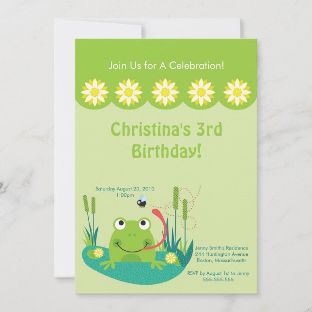 Cute Frog Pond Birthday Party Invitation (Front)